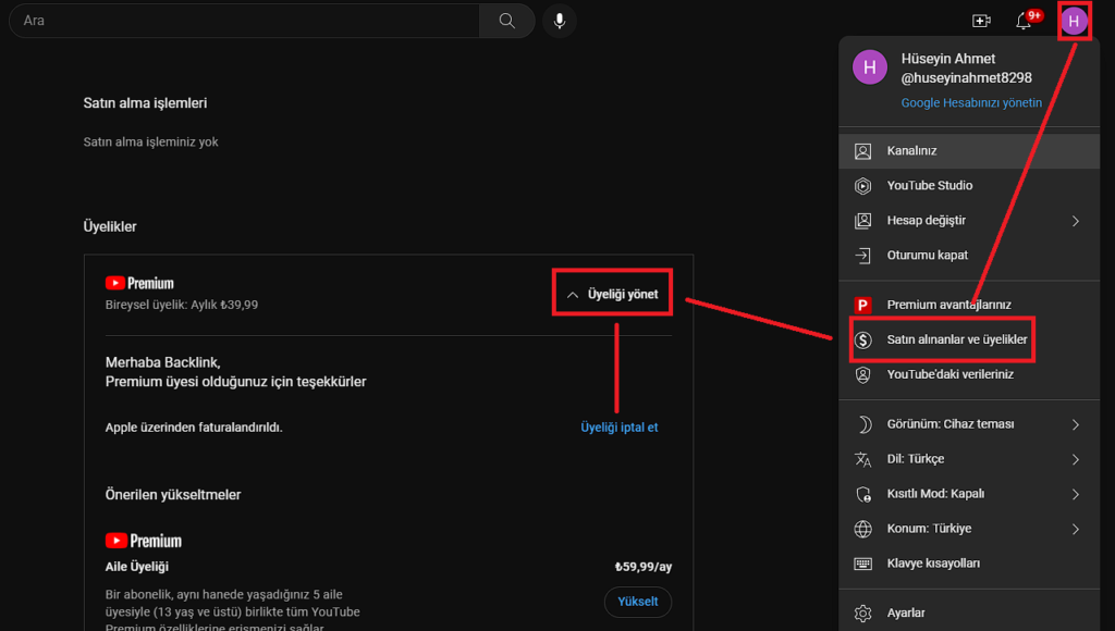 youtube premium iptal etme